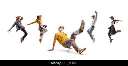 Senior man breakdancing on the floor with a group of young dancers isolated on white background Stock Photo
