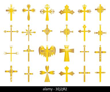 Christian cross gold icon set. Gradient golden solid decorative sign collection, isolated religious symbols, elegant various cliparts Stock Vector