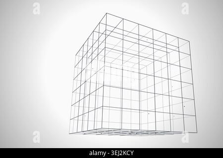 Modern technology-inspired 3D wire cube with layered lines and connection points Stock Vector
