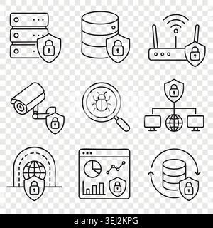 Network surveillance and cyber threat monitoring line icons set with security cameras, virus analytics, cloud servers and local data center safety Stock Vector