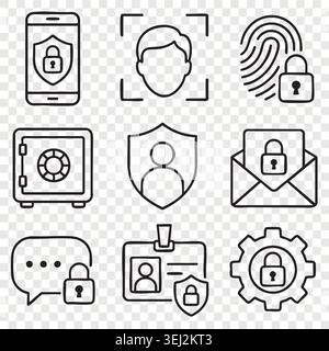 User profile safety and biometric face recognition line icons set with secure safe box, scan verification, encryption mail and safe remote access Stock Vector