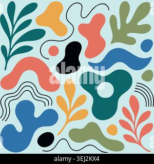 Modern organic shapes and abstract flora seamless pattern featuring vibrant botanical leaves and creative freeform liquid backgrounds for textile prin Stock Vector