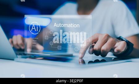 Professional developer working with AI automation system and workflow diagram on digital tablet. Concept of artificial intelligence, robotic process a Stock Photo