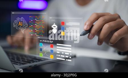 Professional programmer developing AI software and neural networks on laptop. Concept of artificial intelligence, machine learning, data science, and Stock Photo