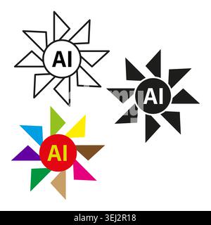Artificial intelligence sun logo set in multiple styles vector. Graphic supports tech branding and machine learning presentations. EPS 10. Stock Vector