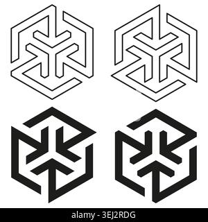 Abstract hexagon logo set with inward pointing arrows vector. Ideal for technology branding and modern business identity graphics. EPS 10. Stock Vector