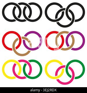 Set of interlocking three rings symbol vector. Graphic supports branding logos teamwork icons and unity symbolism. EPS 10. Stock Vector