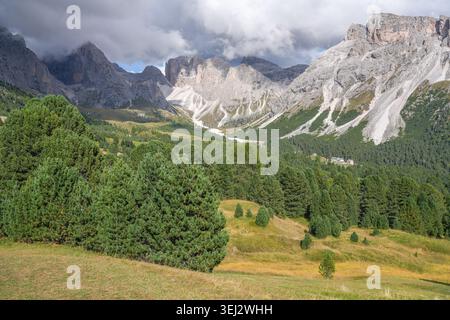 Dramatic Limestone Peaks in Puez-Geisler Nature Park, Dolomites, South Tyrol, Italy Stock Photo