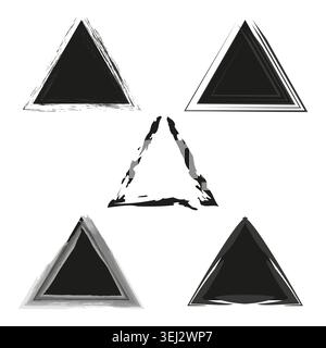 Collection of grunge triangle shapes with brush stroke texture vector. Elements support logo creation urban apparel and edgy branding projects. Stock Vector