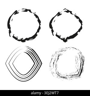 Collection of black grunge brush stroke circle and square frames vector. Ideal for modern branding creative logos and graphic design. Stock Vector