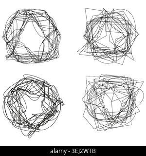 Set of chaotic tangled line shapes and scribbles vector. Graphic elements support data visualization and psychological concepts. Stock Vector