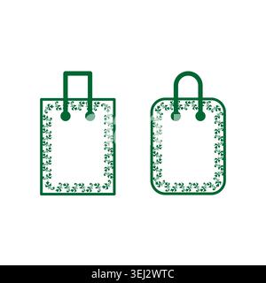 Green shopping bag icons with a decorative leaf pattern vector. Ideal for eco friendly branding and sustainable retail design. Stock Vector