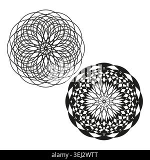 Geometric mandala patterns in outline and solid styles vector. Perfect for spiritual branding logo design and decorative elements. Stock Vector