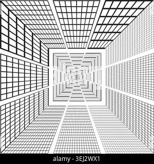 Geometric perspective grid tunnel optical illusion vector. Graphic supports virtual reality and architectural visualization. Stock Vector
