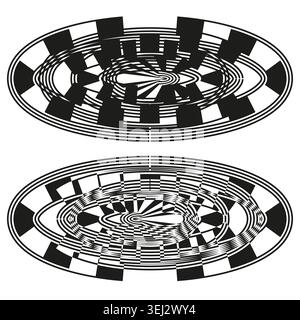 Abstract black and white op art with distorted geometric shapes vector. Perfect for futuristic technology visuals and modern branding. Stock Vector