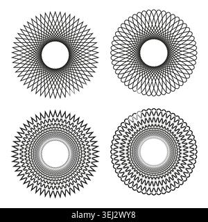 Set of four circular guilloche patterns vector. Ideal for official documents watermarks and elegant branding. Stock Vector