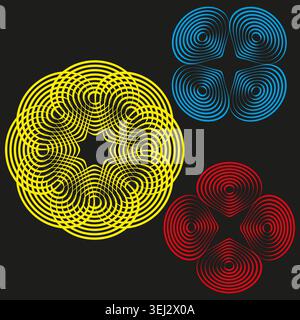 Geometric spirograph patterns with concentric lines vector. Graphic supports tech branding and op art compositions. Stock Vector