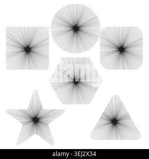Collection of abstract geometric shapes with sunburst lines vector. Ideal for contemporary branding and decorative graphic elements. Stock Vector