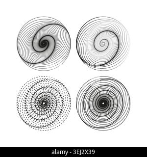 Set of geometric spiral vortex line art vector. Graphic elements support op art projects and hypnotic visual effects. Stock Vector