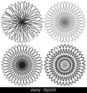 Set of four geometric guilloche spirograph patterns vector. Graphics support security printing, certificate creation, and decorative branding. Stock Vector
