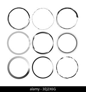 Black grunge circle frames and hand drawn round borders vector. Ideal for artistic logo design abstract backgrounds and branding. Stock Vector