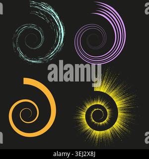 Collection of colorful stylized spiral graphic elements vector. Graphic elements support dynamic branding and technology motion visuals. Stock Vector