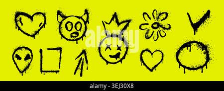 Spray graffiti doodles and tags set with dripping paint and splashes. Urban gritty grunge texture. Dirty messy airy ink strokes. . Vector illustration Stock Vector