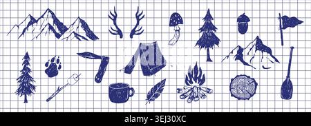 Camping sketch set, campfire and tent, deer footprint and horns. Hiking equipment hand drawn textured. Wood cut log, pine tree shape. Nature adventure. Vector illustration Stock Vector