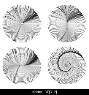 Set of abstract distorted circular line art shapes vector. Ideal for creating optical illusions and futuristic design elements. Stock Vector