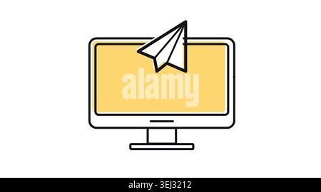 Desktop computer paper plane icon: PC workstation displaying flying paper airplane on screen, modern black line art with offset color fill vector for Stock Vector