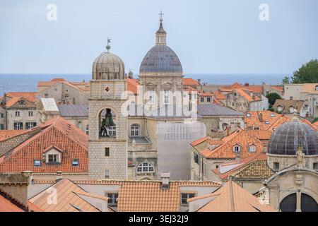 Dubrovnik Old Town from the city walls, walking the wall is a popular tourist attraction with views over rooftops and the Dalmatian coast of Croatia Stock Photo