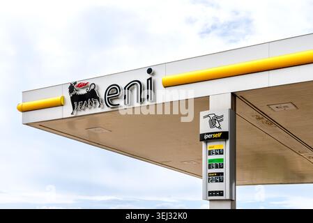 Italy - May 19, 2026: Eni gas station with fuel price display totem showing diesel and gasoline costs in Italy.  Concept of high fuel prices Stock Photo