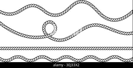 Rope border with wave and straight patterns. Nautical cord design featuring loops twisted textures for marine themed creative projects. Stock Vector