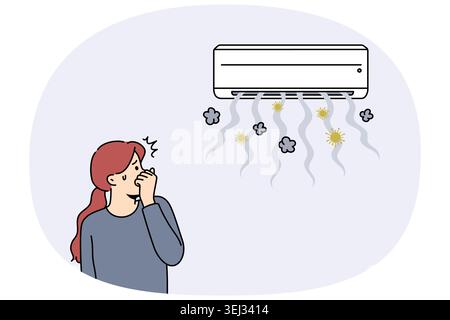 Broken air conditioner causes stench and spread of germs in apartment with girl covering nose. Problem with air conditioner or split system that contributes to appearance of bacteria Stock Vector