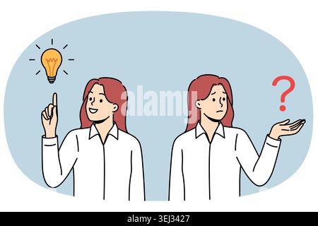 Business woman comes up with idea after problem arises and rejoices at finding answer to question. Upset manager, who learned about presence of trouble, rejoices having come up with brilliant idea Stock Vector