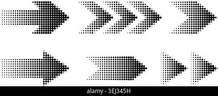 Halftone pattern arrows with gradient dot textures. Futuristic graphic pointers and directional symbols for modern digital designs and abstract backgrounds. Stock Vector