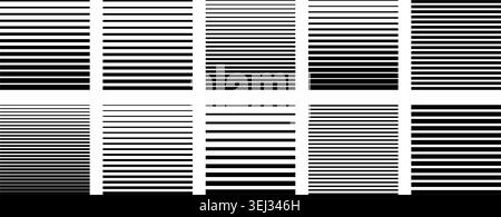 Gradient line patterns with halftone fade create dynamic striped backgrounds. Bold black and white transitions form abstract geometric vector textures Stock Vector