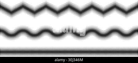 Halftone horizontal lines in wave, zigzag, and straight shapes. Dotted stripe textures for a border or divider in a retro style. Stock Vector