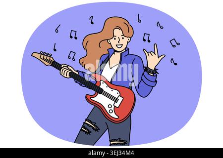 Woman rock star plays electric guitar and demonstrates cool gesture, standing among notes. Girl participating in rock concert performs on stage for audience, performing song from new album Stock Vector