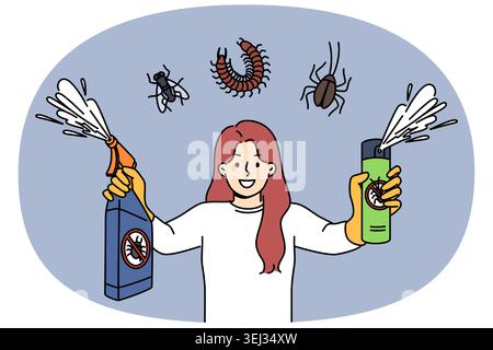 Using insecticide spray to control pests, woman holding two bottles of bug poison with smile. Insecticides against insects and pests that destroy plants in garden or impair crop growth Stock Vector
