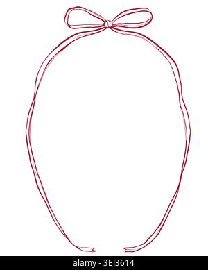 Vector rectangular frame with jagged, hand-drawn lines. Line drawing of a vintage red frame with rounded and patterned edges and bow. Monochrome Stock Vector
