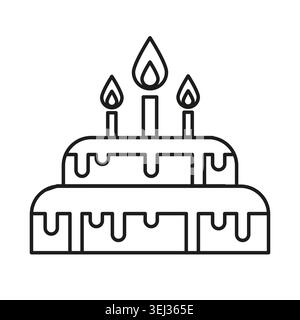 Two tier birthday cake with three candles for celebration. Black line art icon for sweet dessert and party invitation graphic. Vector EPS 10. Stock Vector