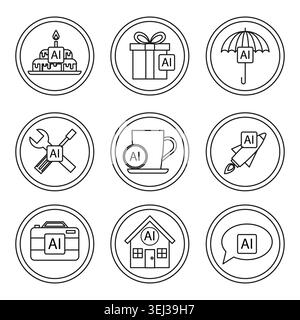 AI icons set with everyday objects for technology concepts. Artificial intelligence integration for business and life application. Vector EPS 10. Stock Vector