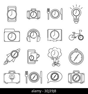 Time management icons with clocks and compasses for daily activities. Vector set shows travel, work, and lifestyle concepts. Vector EPS 10. Stock Vector
