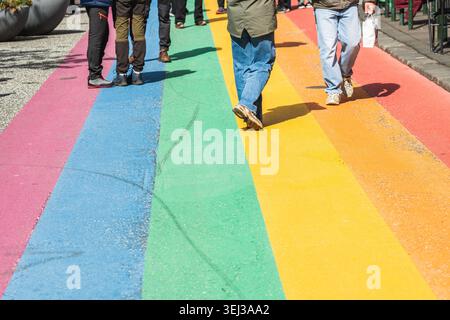 Skólavörðustígur street in Reykjavik, Iceland, famously known as "Rainbow Street" due to its painted pedestrian walkway Stock Photo