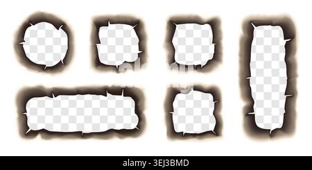 Burning hole in paper, fired edge of round, square and heart shape. Hot flame uneven faded ash frame, tear corners and fiery texture effect. Broken Stock Vector