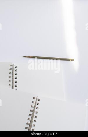 Close up notebook pages and spiral binding on white background in studio. Minimal stationery, elegant branding, creative productivity, modern Stock Photo