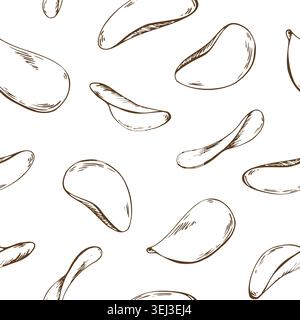 Seamless pattern with hand drawn potato chip sketch. Graphic ink illustration of sliced fried vegetable. Culinary background for menu design, food Stock Vector