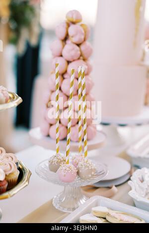 Elegant pastel dessert arrangement. Charming pink dessert setup for intimate wedding celebration Stock Photo