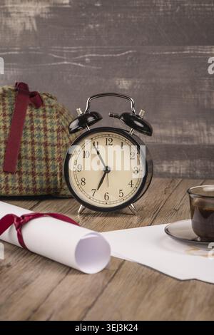 Old clock, hat coffee and paper sheets on old Wooden table Stock Photo